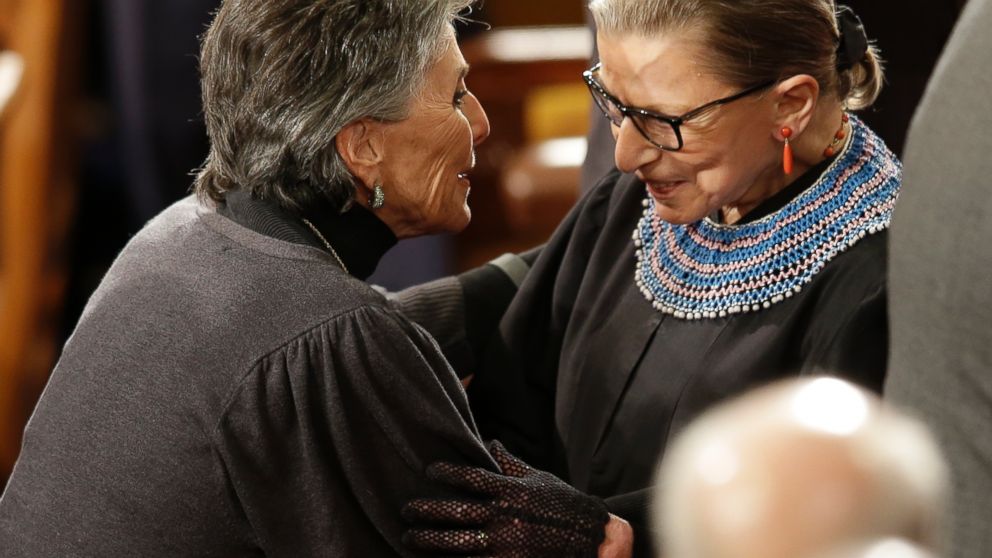PHOTO: Sen. Barbara Boxer, D-Calif., greets Supreme Court Justice Ruth Bader Ginsburg on Capitol Hill in Washington, Jan. 20, 2015, before President Obama's State of the Union address.
