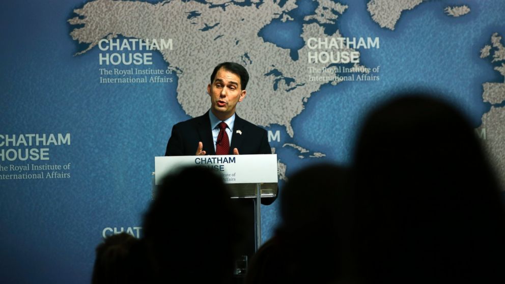 Wisconsin Gov. Scott Walker delivers his speech at Chatham House in central London, Feb. 11, 2015. 