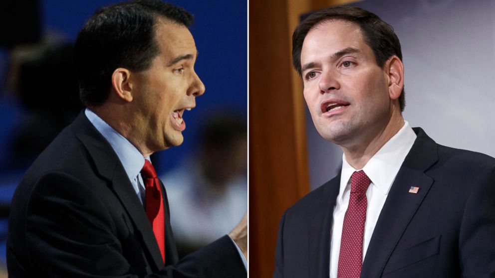 Wisconsin Governor Scott Walker, left, speak in Tampa, Fla., Aug. 28, 2012. Sen. Marco Rubio, right, speaks during a news conference on Capitol Hill in Washington, Dec. 17, 2014.