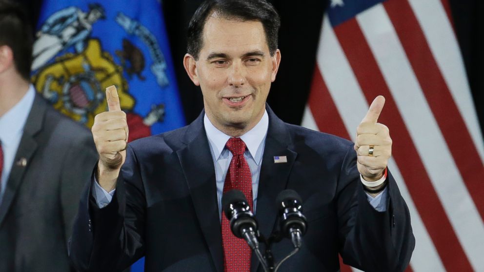 PHOTO: Wisconsin Republican Gov. Scott Walker gives a thumbs up as he speaks at his campaign party, Nov. 4, 2014, in West Allis, Wis. Walker defeated Democratic gubernatorial challenger Mary Burke.