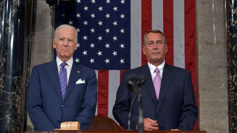 Vice President Joe Biden, left, and Speaker of the House John Boehner wait for the start of the State of the Union address by President Barack Obama, Jan. 20, 2015, in the House Chamber of the Capitol in Washington. 