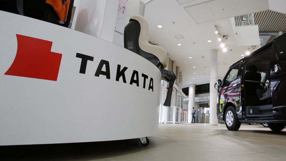 Child seats manufactured by Takata Corp. are displayed at a Toyota Motor Corp.'s showroom in Tokyo on Nov. 6, 2014.