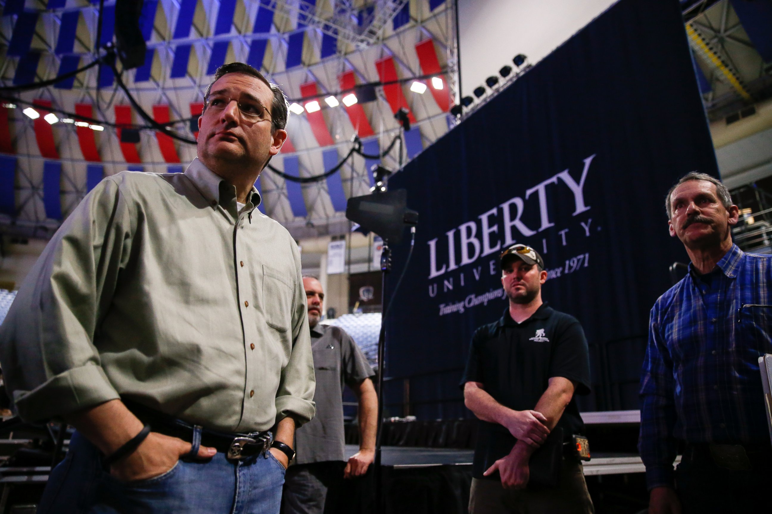 PHOTO: Sen. Ted Cruz, R-Texas, left, meets with staff and coordinators during a walk-through for his Monday morning speech where he will launch his campaign for president of the United States at Liberty University on March 22, 2015 in Lynchburg, Va.