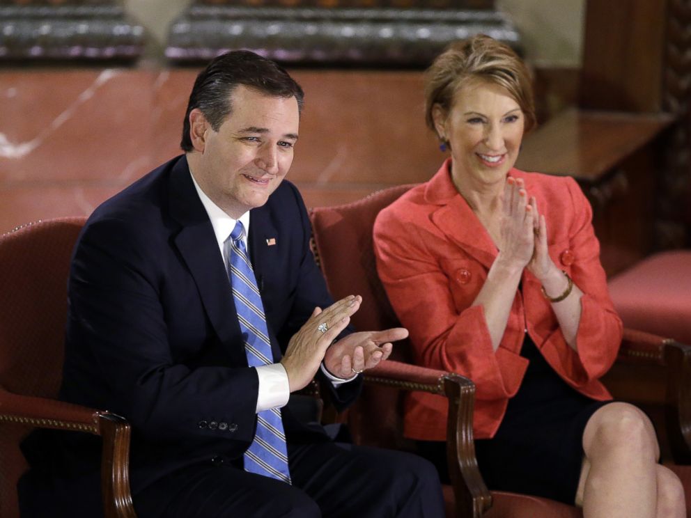 PHOTO: Republican presidential candidate Sen. Ted Cruz and vice-presidential candidate Carly Fiorina applaud during a question and answer session with Fox News Channel's Sean Hannity at The Indiana War Memorial on April 29, 2016, in Indianapolis.