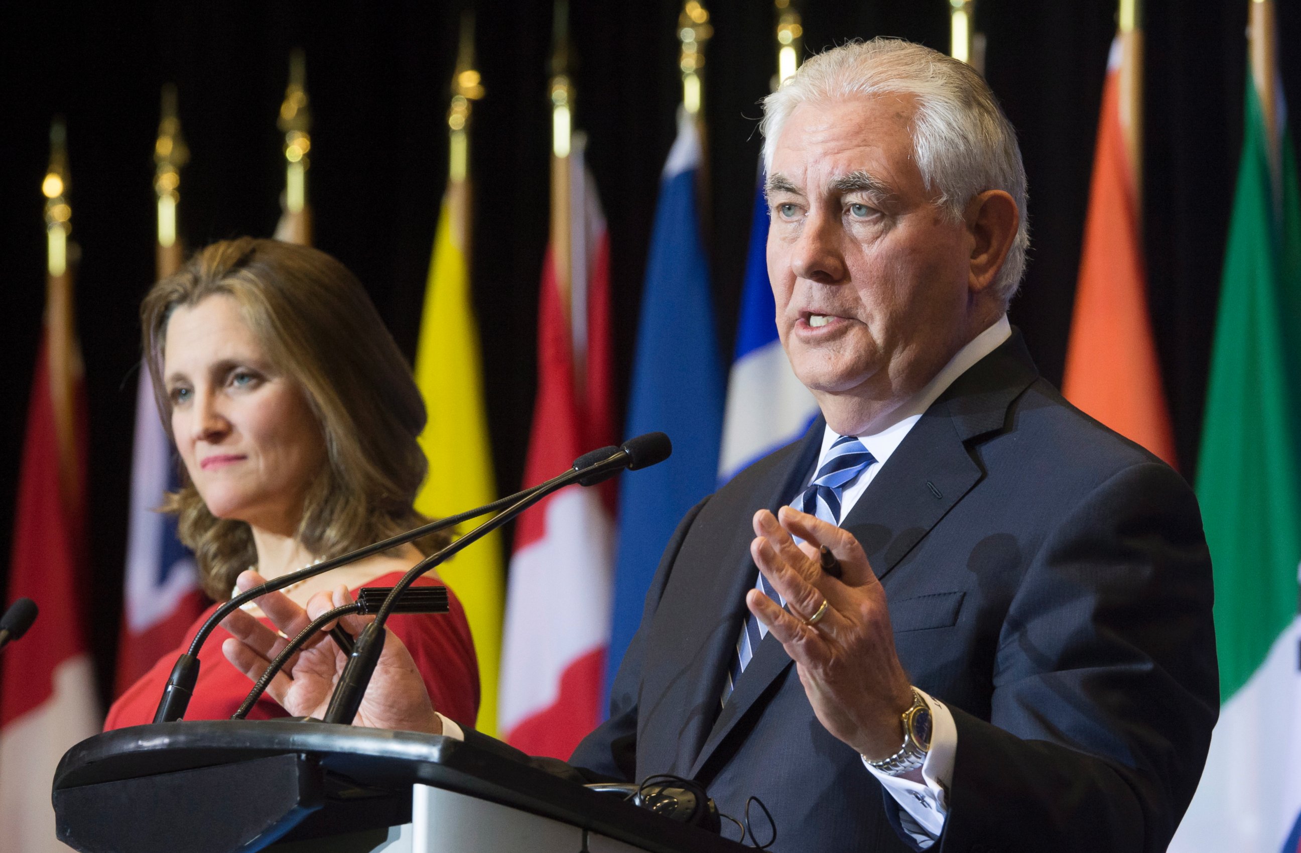 Minister of Foreign Affairs, Chrystia Freeland and Secretary of State of the United States, Rex Tillerson address a news conference following a meeting on the Security and Stability on the Korean Peninsula in Vancouver, British Columbia, Jan. 16, 2018.