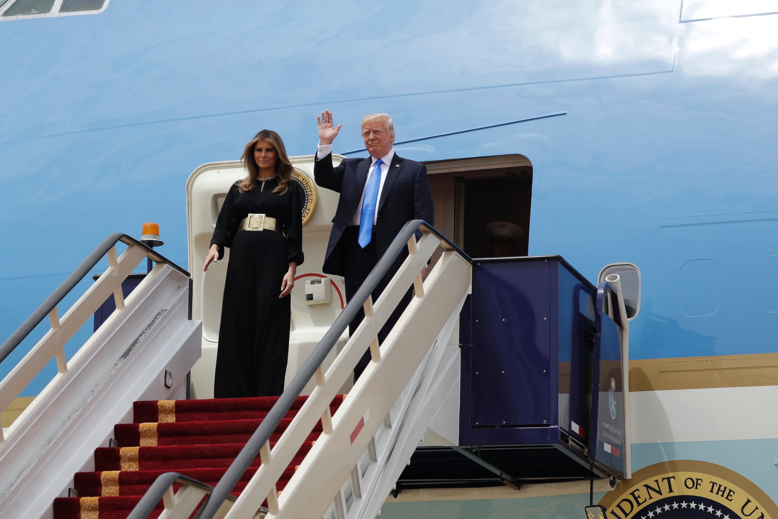 PHOTO: President Donald Trump and first lady Melania Trump arrive at the Royal Terminal of King Khalid International Airport, Saturday, May 20, 2017, in Riyadh. 