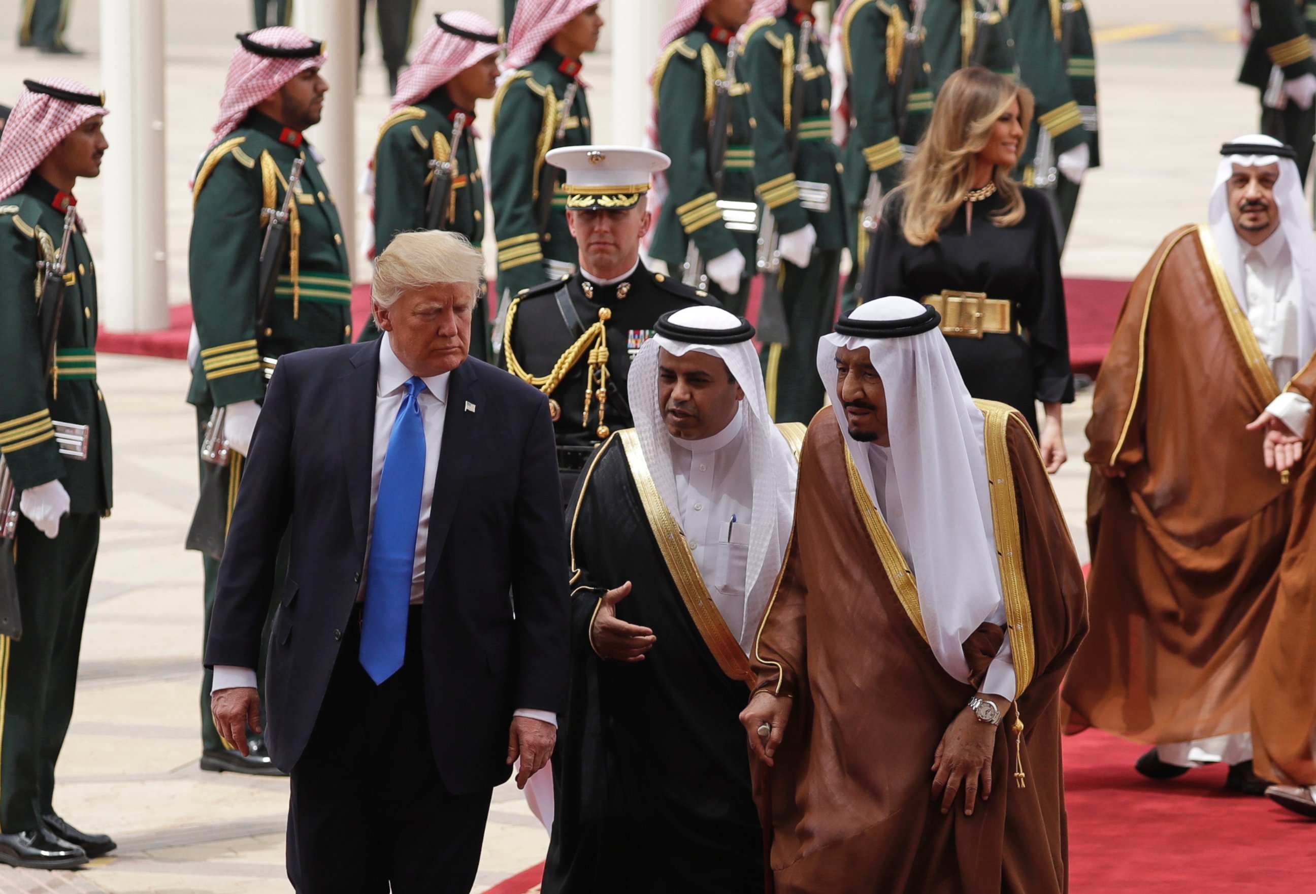 PHOTO: President Donald Trump and first lady Melania Trump, rear, arrive at the Royal Terminal of King Khalid International Airport, Saturday, May 20, 2017, in Riyadh.