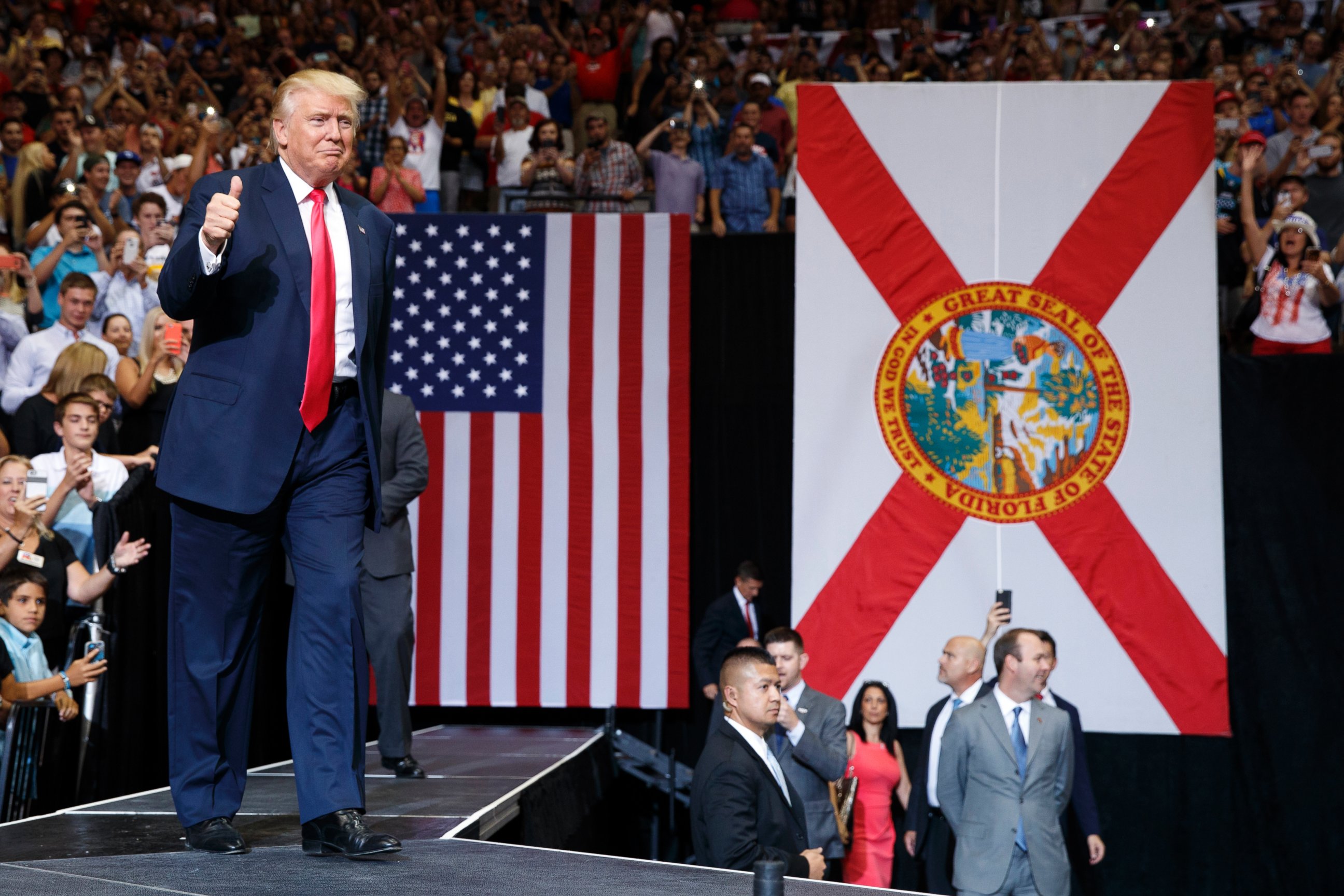 PHOTO: Republican presidential candidate Donald Trump arrives to a campaign rally at Jacksonville Veterans Memorial Arena,  Aug. 3, 2016, in Jacksonville, Florida.