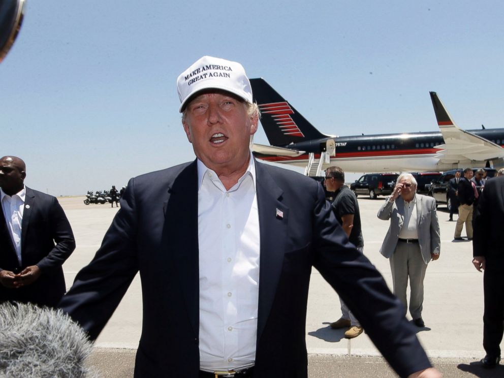 PHOTO: Republican presidential hopeful Donald Trump speaks after arriving at the airport for a visit to the U.S. Mexico border in Laredo, Texas, July 23, 2015.