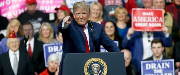 PHOTO: President Donald Trump reacts to the crowd while speaking at a campaign rally for Republican Rick Saccone in a hangar, Saturday, March 10, 2018, in Moon Township, Pa.