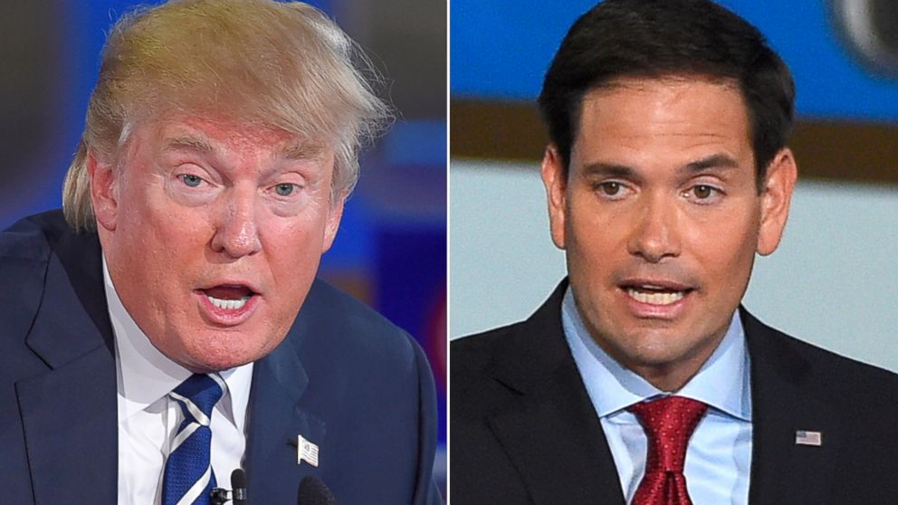 Republican presidential candidates Donald Trump and Marco Rubio speak during the CNN Republican presidential debate at the Ronald Reagan Presidential Library and Museum, Sept. 16, 2015, in Simi Valley, Calif.