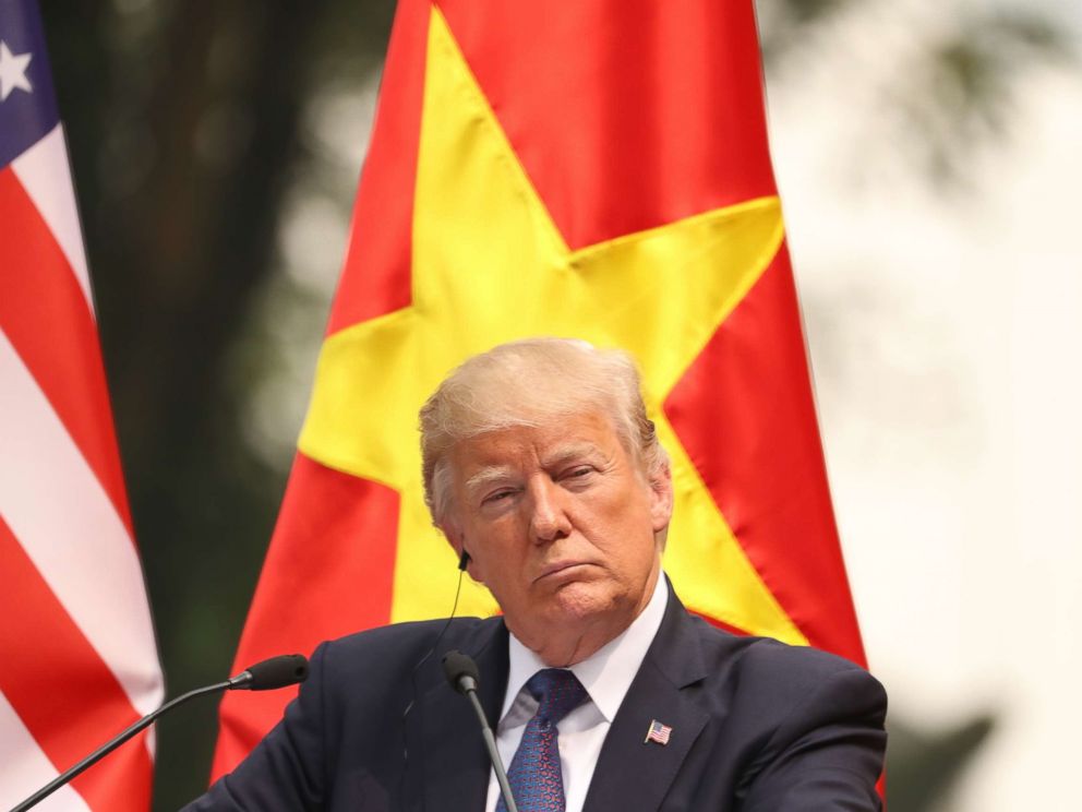 PHOTO: President Donald Trump speaks attends a news conference at the Presidential Palace, Sunday, Nov. 12, 2017, in Hanoi, Vietnam.