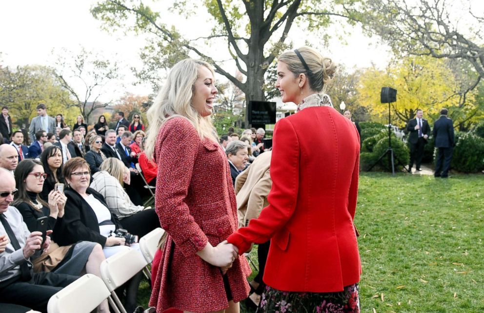 PHOTO: Tiffany Trump (L) and Ivanka Trump (R) share a laugh during the National Thanksgiving Turkey ceremony in the Rose Garden of the White House November 21, 2017 in Washington, DC. 