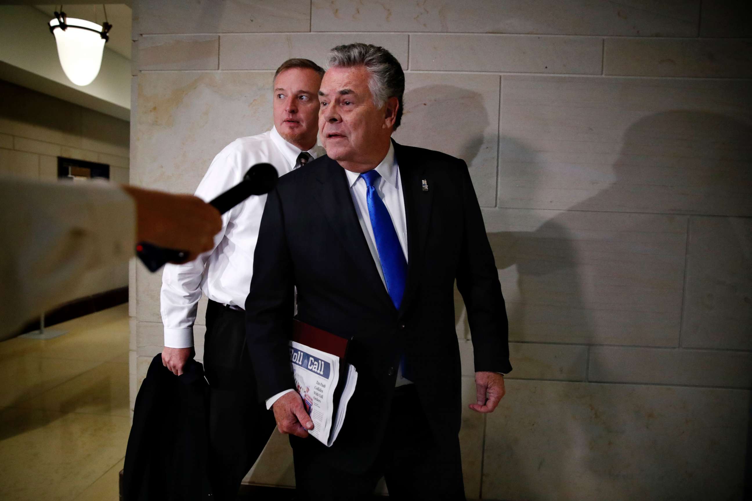 PHOTO: Rep. Tom Rooney, R-Fla., left, and Rep. Peter King, R-N.Y., leave a House Intelligence Committee meeting as it breaks for a House floor vote from interviewing Donald Trump Jr., on Capitol Hill, Wednesday, Dec. 6, 2017, in Washington. 
