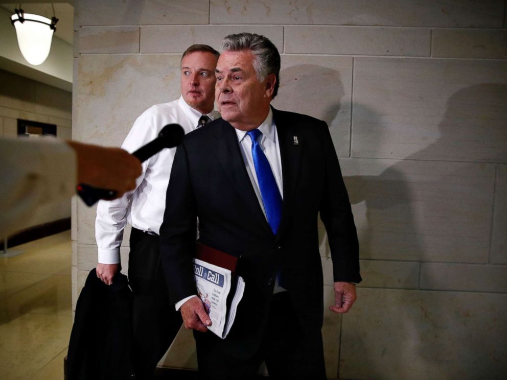 PHOTO: Rep. Tom Rooney, R-Fla., left, and Rep. Peter King, R-N.Y., leave a House Intelligence Committee meeting as it breaks for a House floor vote from interviewing Donald Trump Jr., on Capitol Hill, Wednesday, Dec. 6, 2017, in Washington.