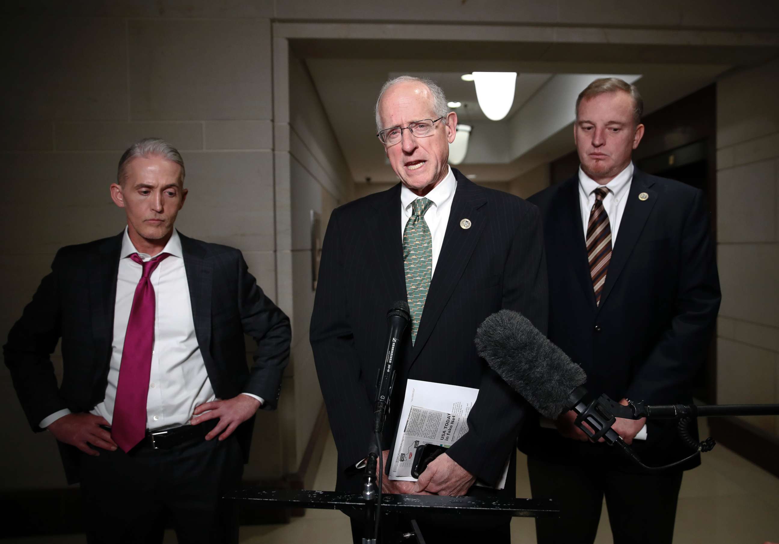 PHOTO: House Intelligence Committee member Rep. Mike Conaway, R-Texas, center, Rep. Tom Rooney, R-Fla., right, and Rep. Trey Gowdy, R-S.C., left, after House Intelligence Committee meeting where Donald Trump Jr., was interviewed, Wednesday, Dec. 6, 2017.