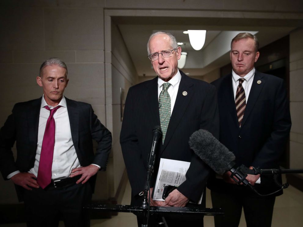 PHOTO: House Intelligence Committee member Rep. Mike Conaway, R-Texas, center, Rep. Tom Rooney, R-Fla., right, and Rep. Trey Gowdy, R-S.C., left, after House Intelligence Committee meeting where Donald Trump Jr., was interviewed, Wednesday, Dec. 6, 2017.