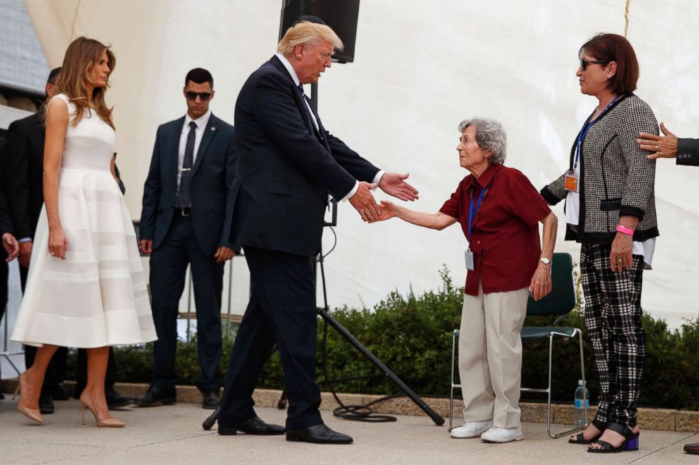 PHOTO: First Lady Melania Trump accompanies President Donald Trump as he greets Holocaust survivor Margot Herschenbaum, during a visit to Yad Vashem, in Jerusalem, Tuesday, May 23, 2017.