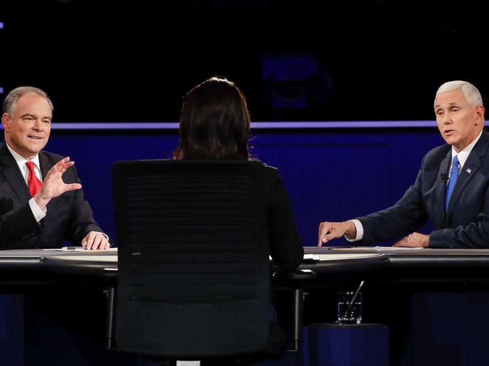 PHOTO: Vice-presidential nominees Tim Kaine and Mike Pence appear at the vice-presidential debate at Longwood University in Farmville, Va., Oct. 4, 2016.