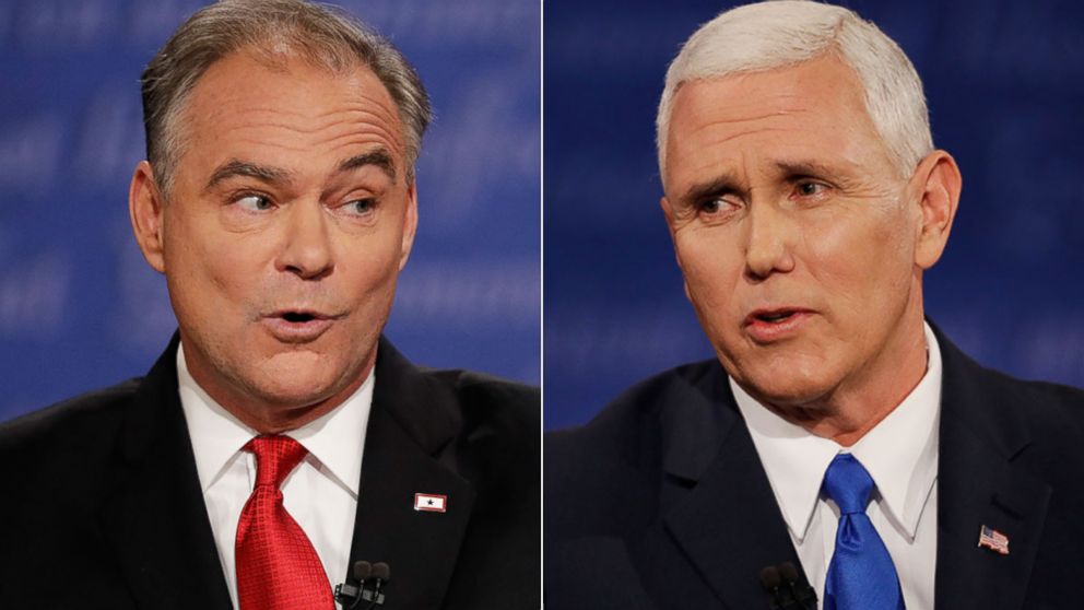 Republican vice-presidential nominee Gov. Mike Pence and Democratic vice-presidential nominee Sen. Tim Kaine during the vice-presidential debate at Longwood University in Farmville, Va., Oct. 4, 2016.