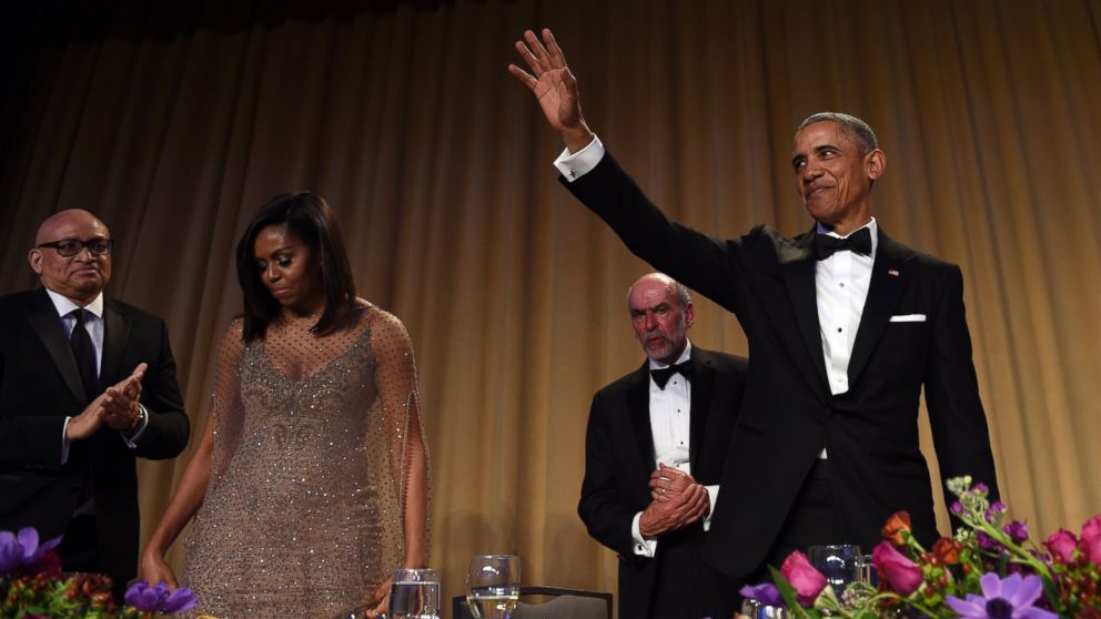 PHOTO: President Barack Obama, right, at the White House Correspondents' dinner in Washington, April 30, 2016. Larry Wilmore, guest host, left, first lady Michelle Obama, second from left, and Jerry Seib, second from fight, of The Wall Street Journal.