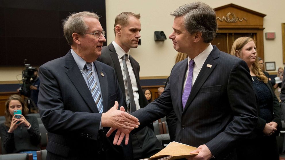 PHOTO: FBI Director Christopher Wray, right, and House Judiciary Committee Chairman Bob Goodlatte, R-Va., shake hands before the start of a House Judiciary hearing on Capitol Hill in Washington, Dec. 7, 2017, on oversight of the FBI.