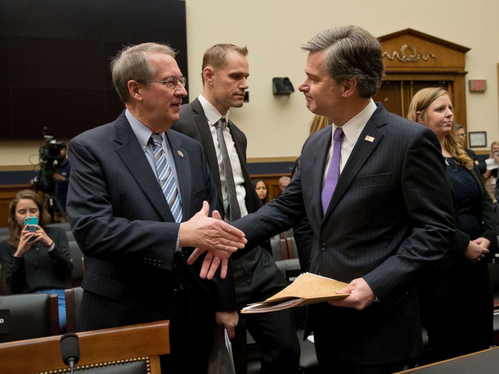 PHOTO: FBI Director Christopher Wray, right, and House Judiciary Committee Chairman Bob Goodlatte, R-Va., shake hands before the start of a House Judiciary hearing on Capitol Hill in Washington, Dec. 7, 2017, on oversight of the FBI.