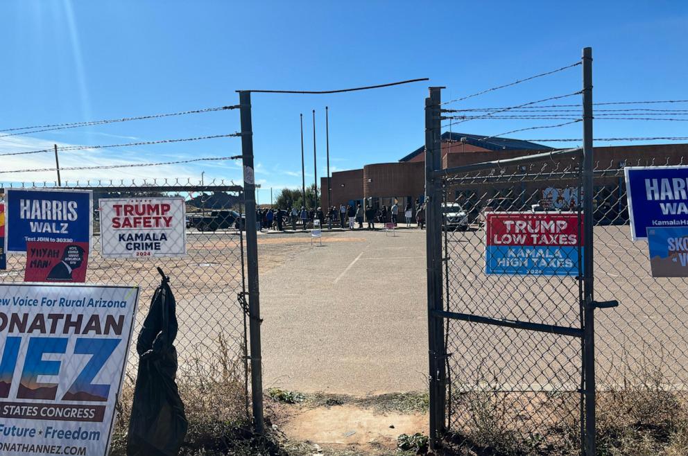 PHOTO: Navajo voters wait to vote outside of the Fort Defiance Chapter House in Apache County, Arizona, where voting issues persist, Nov. 5, 2024.