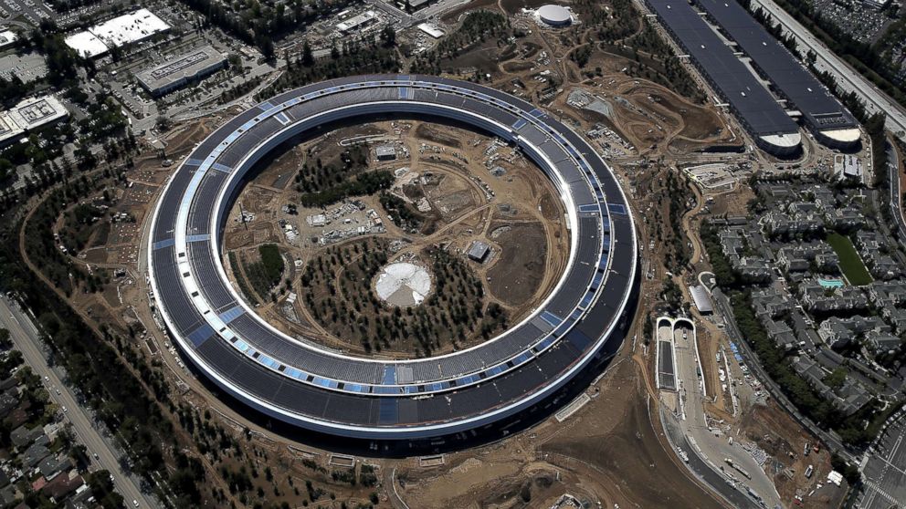 An aerial view of the new Apple headquarters, April 28, 2017, in Cupertino, Calif.