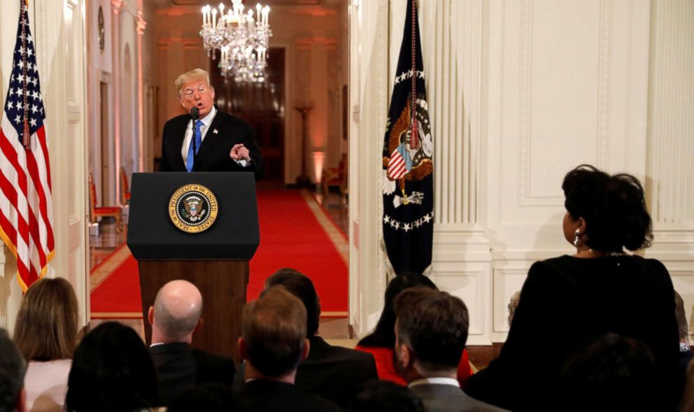 PHOTO: President Donald Trump points at American Urban Radio Network White House correspondent April Ryan (R) during a news conference following Tuesday's midterm congressional elections at the White House, Nov. 7, 2018. 