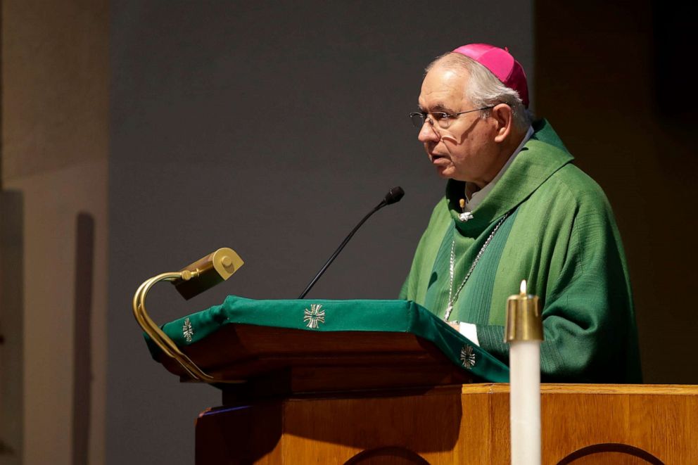 PHOTO: Jose Gomez, Archbishop of Los Angeles, leads a service at the San Gabriel Mission July 12, 2020, in San Gabriel, Calif.