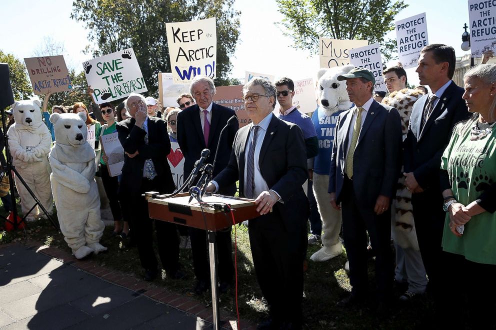 PHOTO: Sen. Al Franken speaks at a news conference on Republican sponsored legislation that would open the Alaskan wilderness to oil drilling outside the U.S. Capitol, Oct. 17, 2017, in Washington.