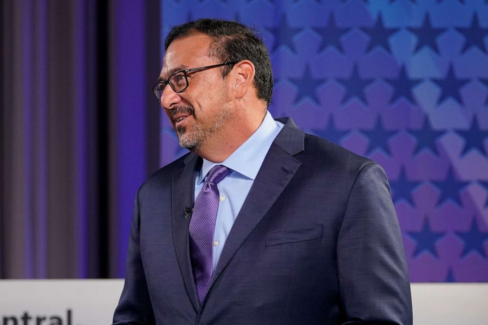 PHOTO: Arizona Secretary of State Democratic candidate Adrian Fontes speaks prior to debating Republican challenger Mark Finchem, Thursday, Sept. 22, 2022, in Phoenix.