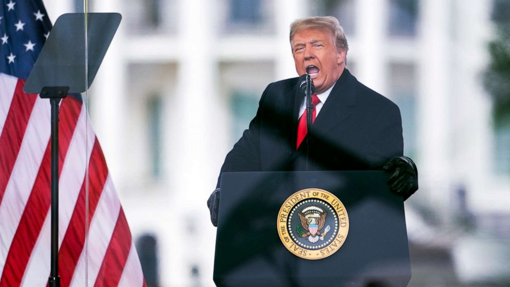 PHOTO: President Donald Trump speaks during a rally protesting the electoral college certification of Joe Biden as President in Washington, Jan. 6, 2021.