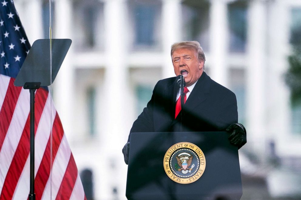 PHOTO: In this Jan. 6, 2021, file photo, President Donald Trump speaks during a rally protesting the electoral college certification of Joe Biden as President in Washington, D.C..