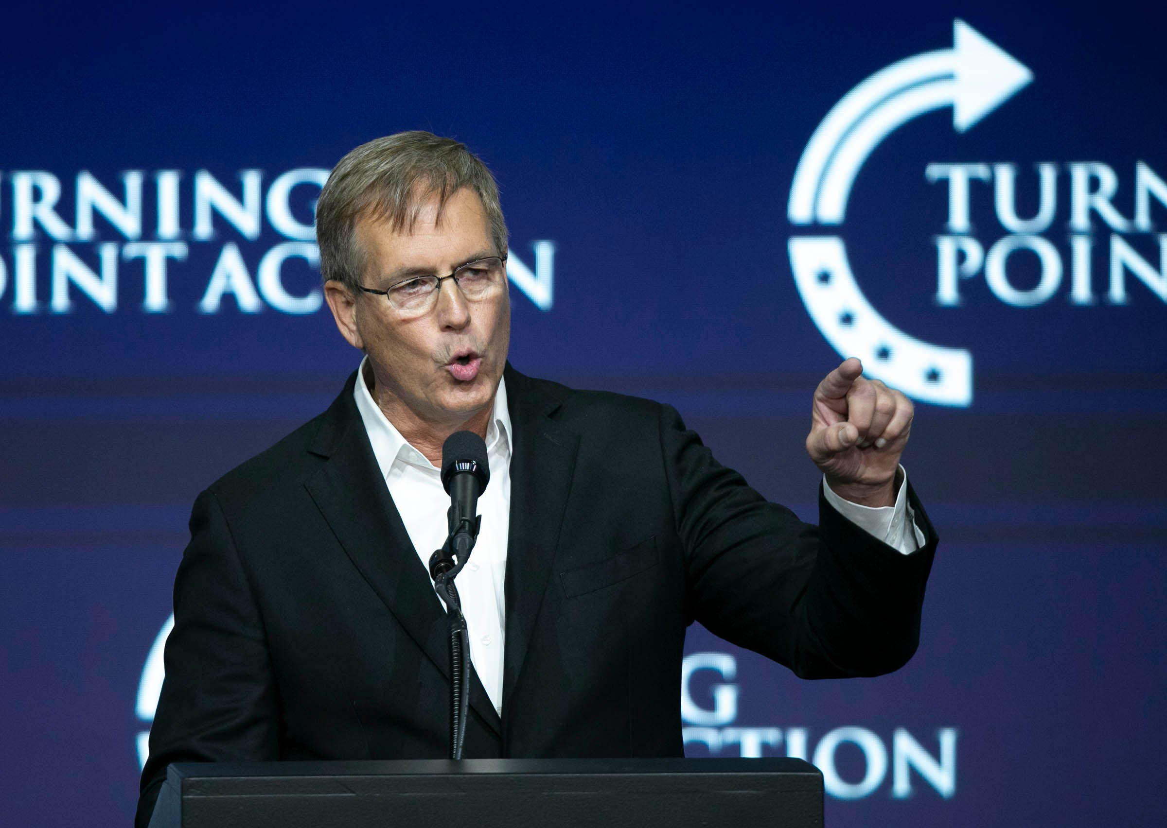 PHOTO: Jim Lamon speaks during the Turning Point Action event at the Arizona Federal Theatre in Phoenix, July 24, 2021. 