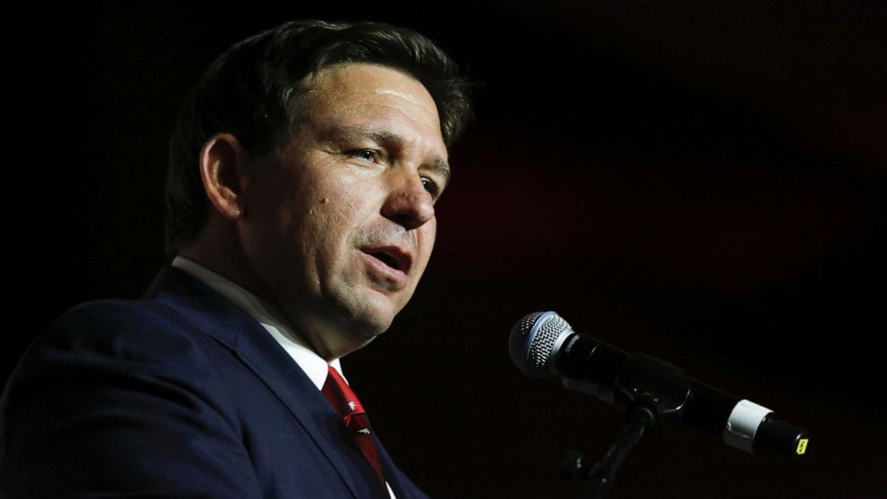 PHOTO: Ron DeSantis speaks during the 2022 Victory Dinner in Hollywood, Fla., July 23, 2022.