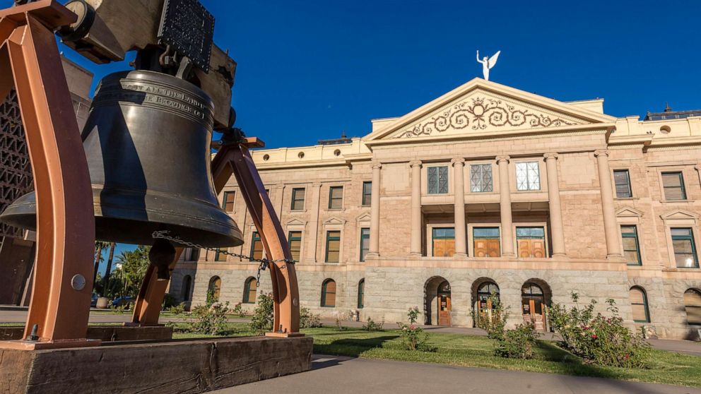 PHOTO: A replica of the Liberty Bell is shown in front of the Arizona State Capitol Building in Phoenix.