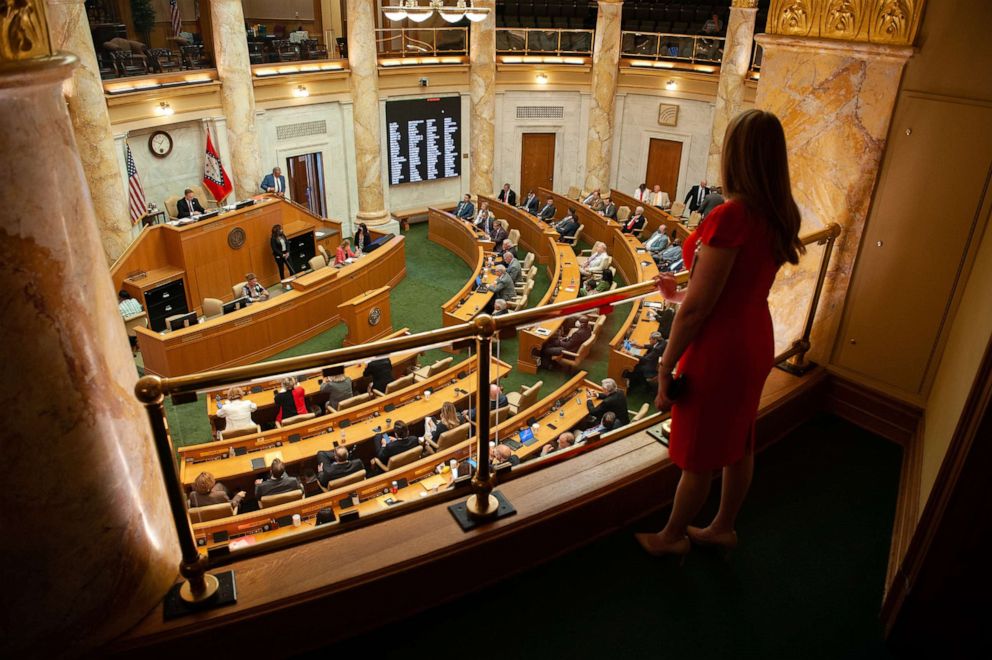 PHOTO: Members of the Arkansas House of Representatives gather at the State Capitol in Little Rock, Ark., Aug. 3, 2021.