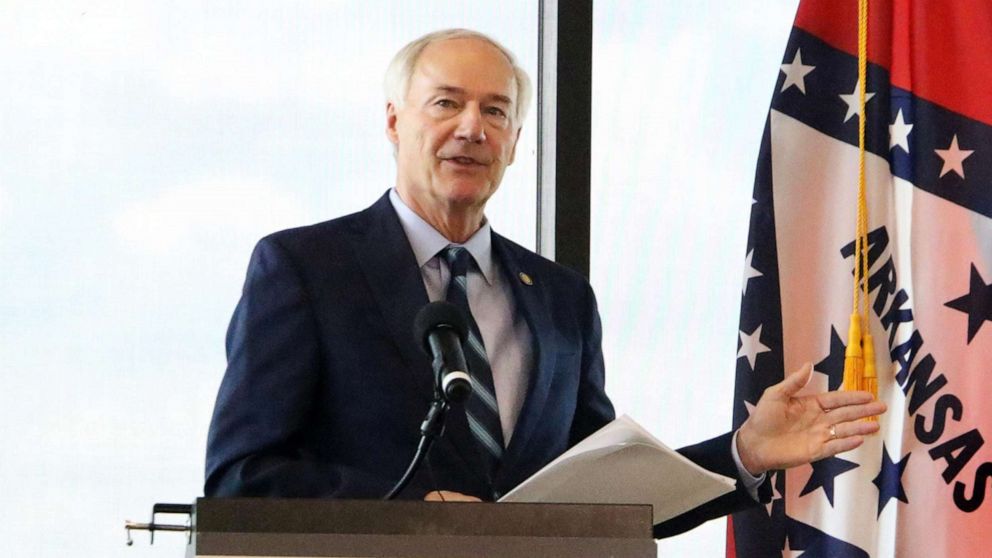 PHOTO: Gov. Asa Hutchinson holds a press conference at the US Marshals Museum in Fort Smith, Ark., June 18, 2020.