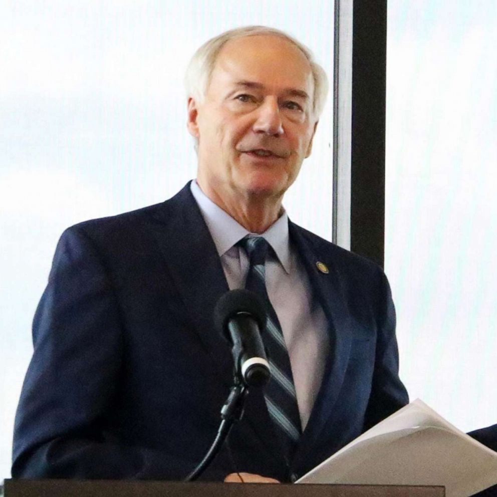 PHOTO: Gov. Asa Hutchinson holds a press conference at the US Marshals Museum in Fort Smith, Ark., June 18, 2020.