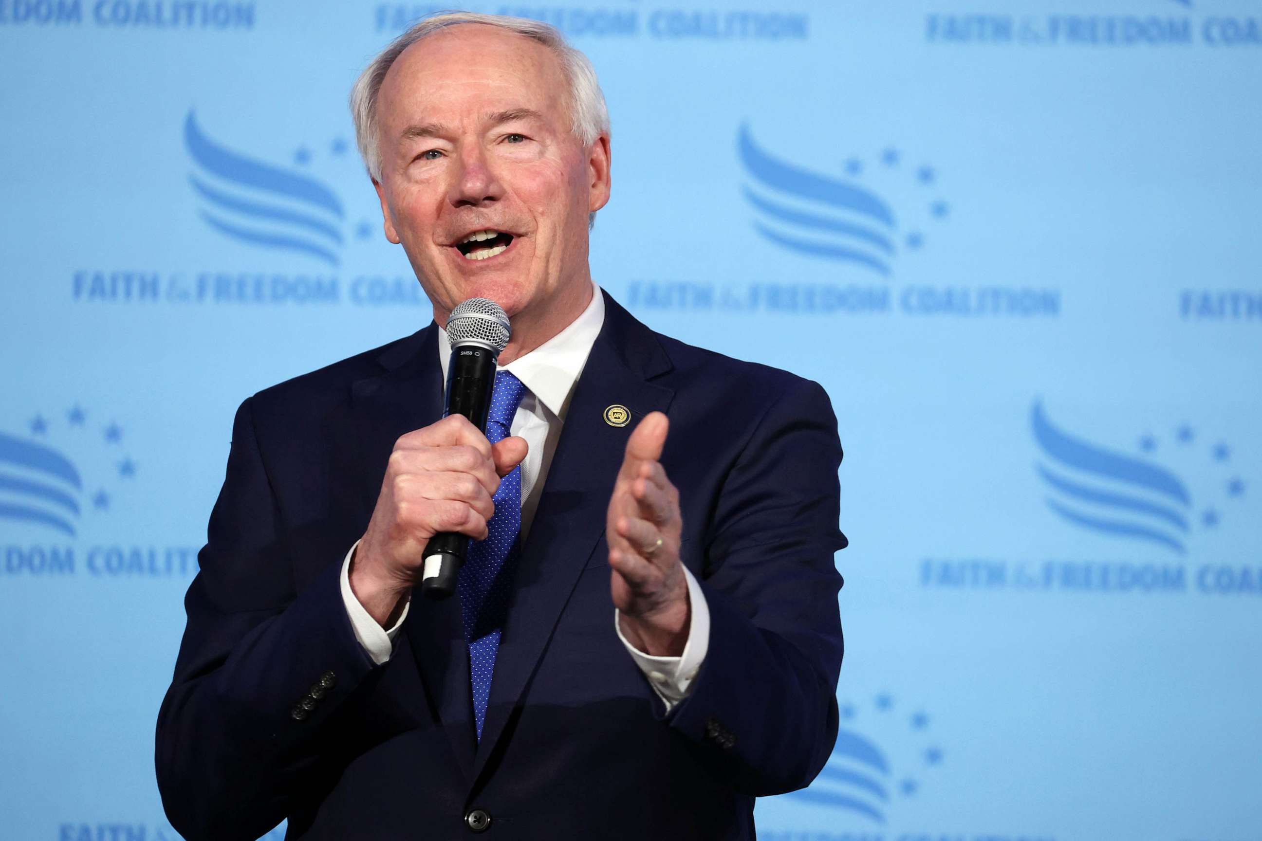PHOTO: FILE - Republican presidential candidate former Arkansas Governor Asa Hutchinson speaks to guests at the Iowa Faith & Freedom Coalition Spring Kick-Off, April 22, 2023 in Clive, Iowa.