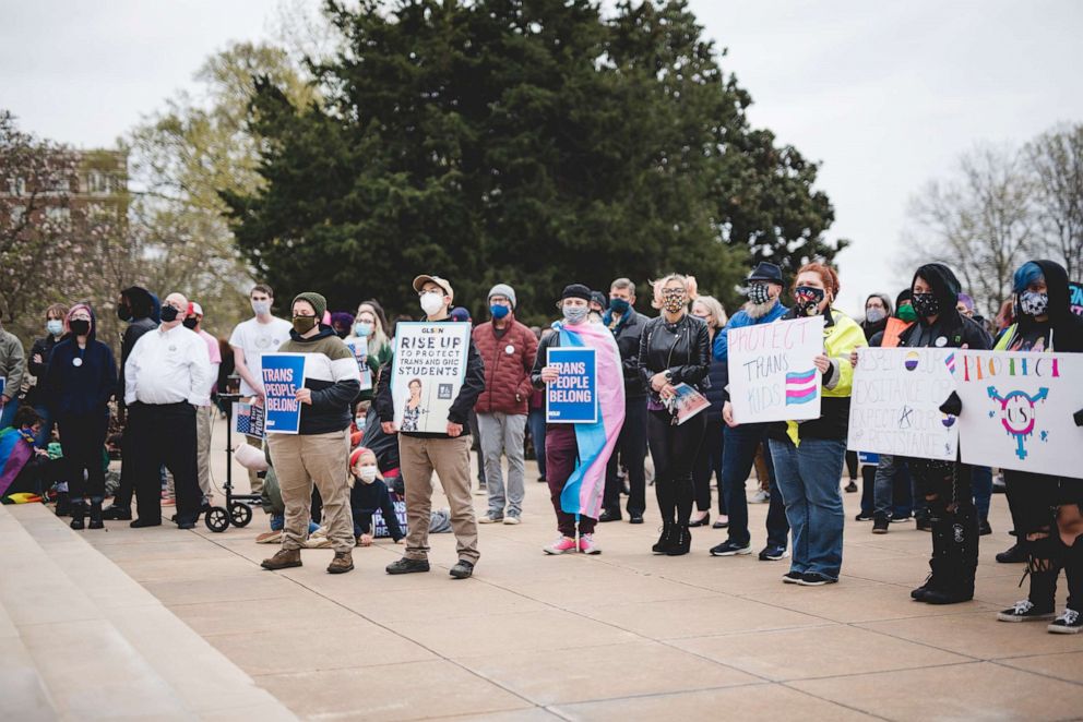 PHOTO: Demonstrators rally outside the Arkansas State Capitol in Little Rock on March 18, 2021, to protest HB1570.