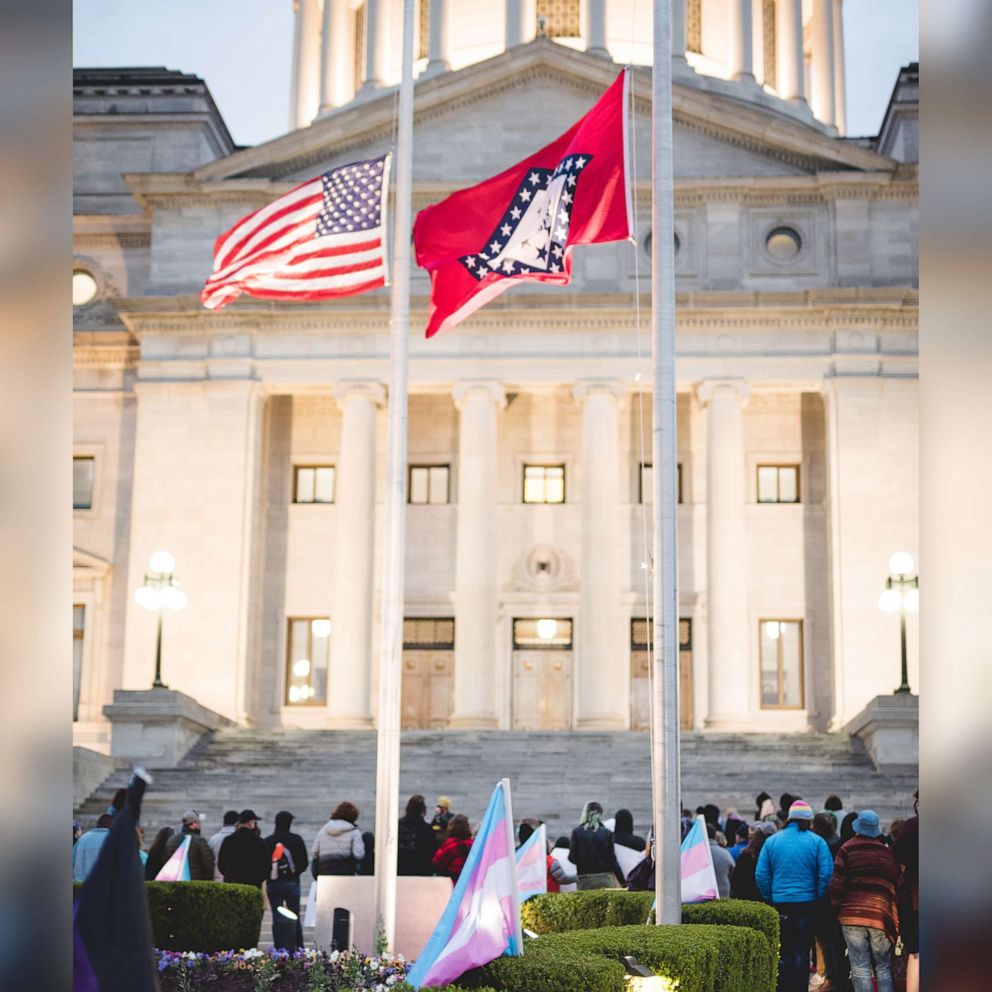 PHOTO: Demonstrators rally outside the Arkansas State Capitol in Little Rock on March 18, 2021, to protest HB1570.