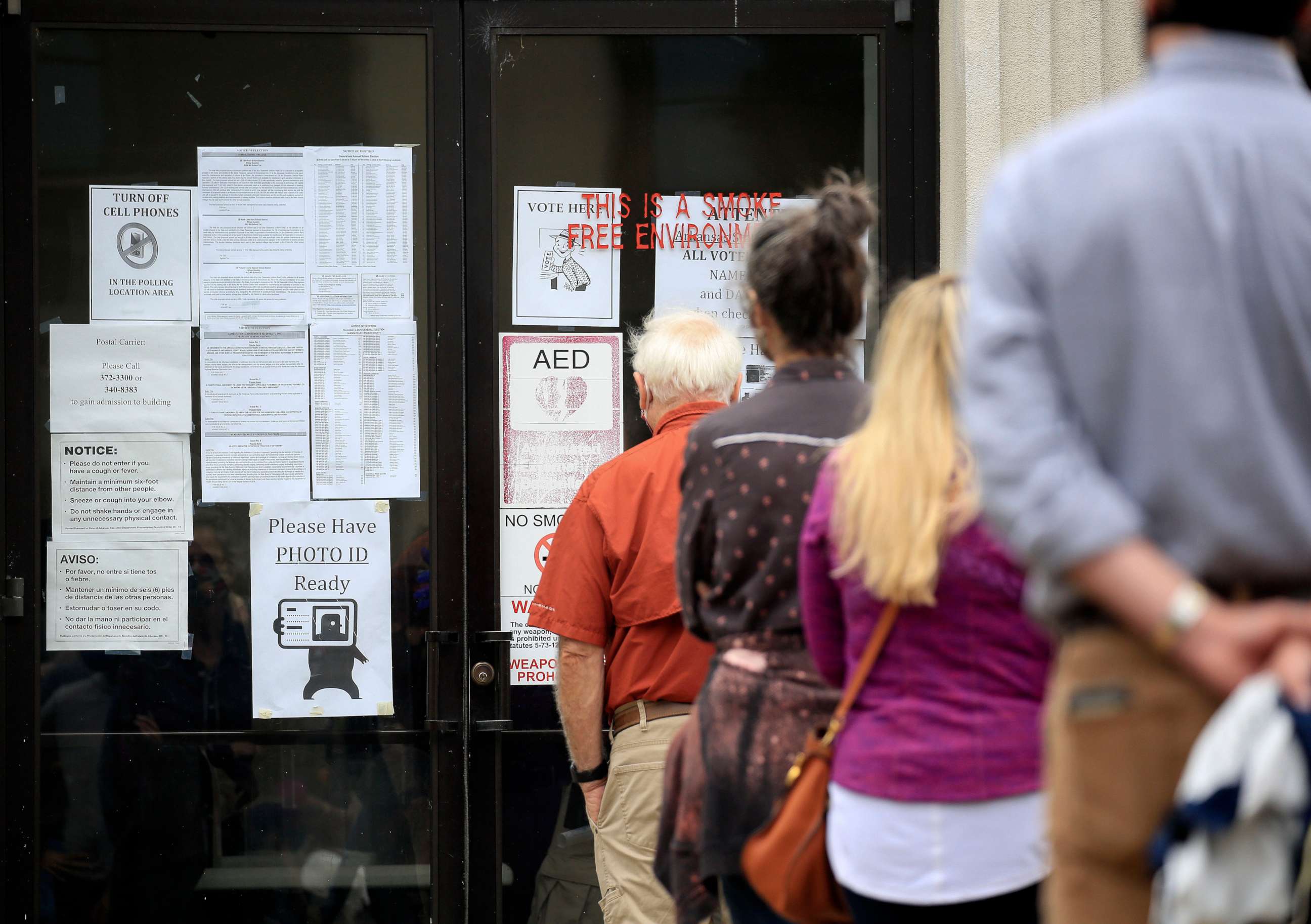 PHOTO: Voters stand in line, Oct. 19, 2020 at the Pulaski County Regional Building in downtown Little Rock, Ark.