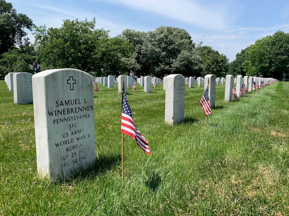 PHOTO: American flag placed in front of 228,000 headstones in Arlington National Cemetery, May 23, 2019.