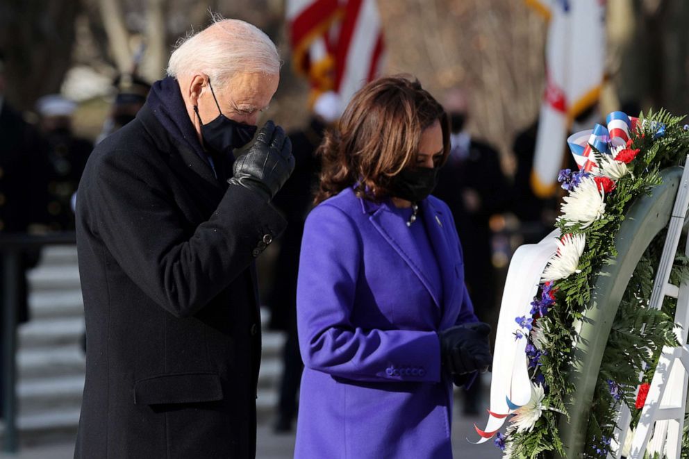 PHOTO: President Joe Biden and Vice President Kamala Harris attend a wreath-laying ceremony at Arlington National Cemetery's Tomb of the Unknown Soldier, Jan. 20, 2021, in Arlington, Virginia.