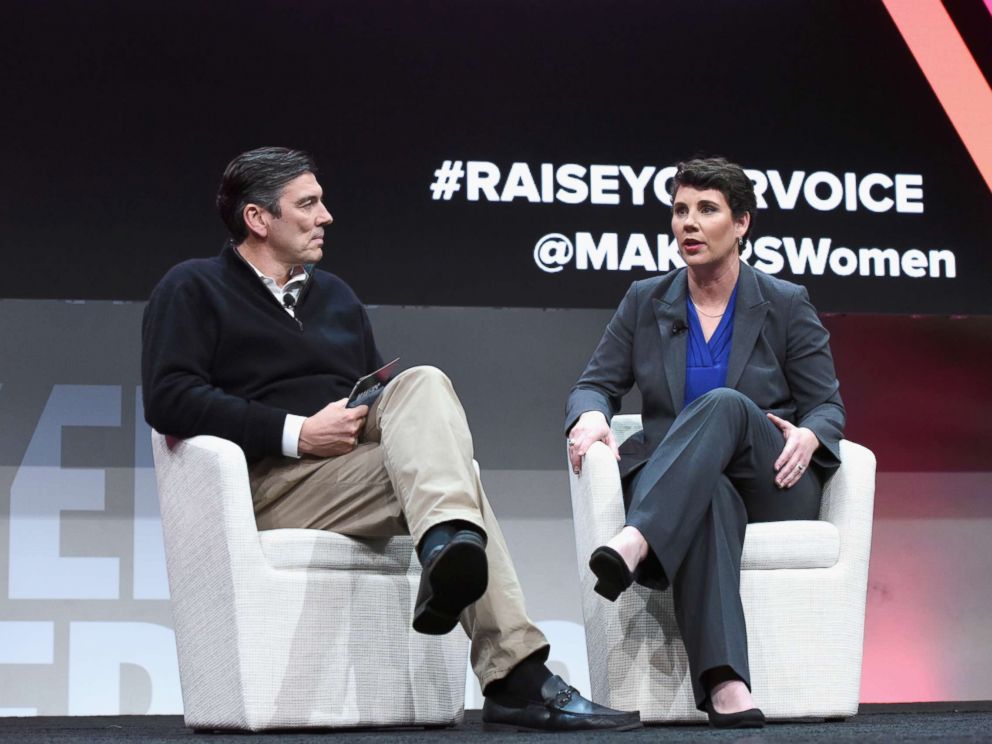PHOTO: Chief Executive Officer, Oath, Tim Armstrong and former U.S. Marine and congressional candidate in Kentucky Amy McGrath speak onstage during The 2018 MAKERS Conference at NeueHouse Hollywood, Feb. 6, 2018, in Los Angeles.