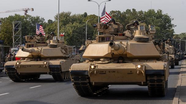 U.S. Army Abrams tanks take part in a military parade in Warsaw on Polish Army Day, Aug. 15, 2024.