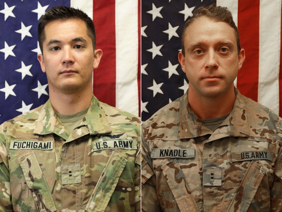 PHOTO: Chief Warrant Officer 2 David C. Knadle and Chief Warrant Officer 2 Kirk T. Fuchigami died in Logar Province, Afghanistan, when their helicopter crashed while providing security for troops on the ground on Nov. 21. 2019.